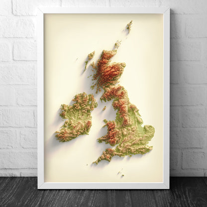 British Isles Art Relief Map - 2D Print - British Islands Geology - 2D Shaded Relief Map - England - Scotland - Wales- Northern Ireland