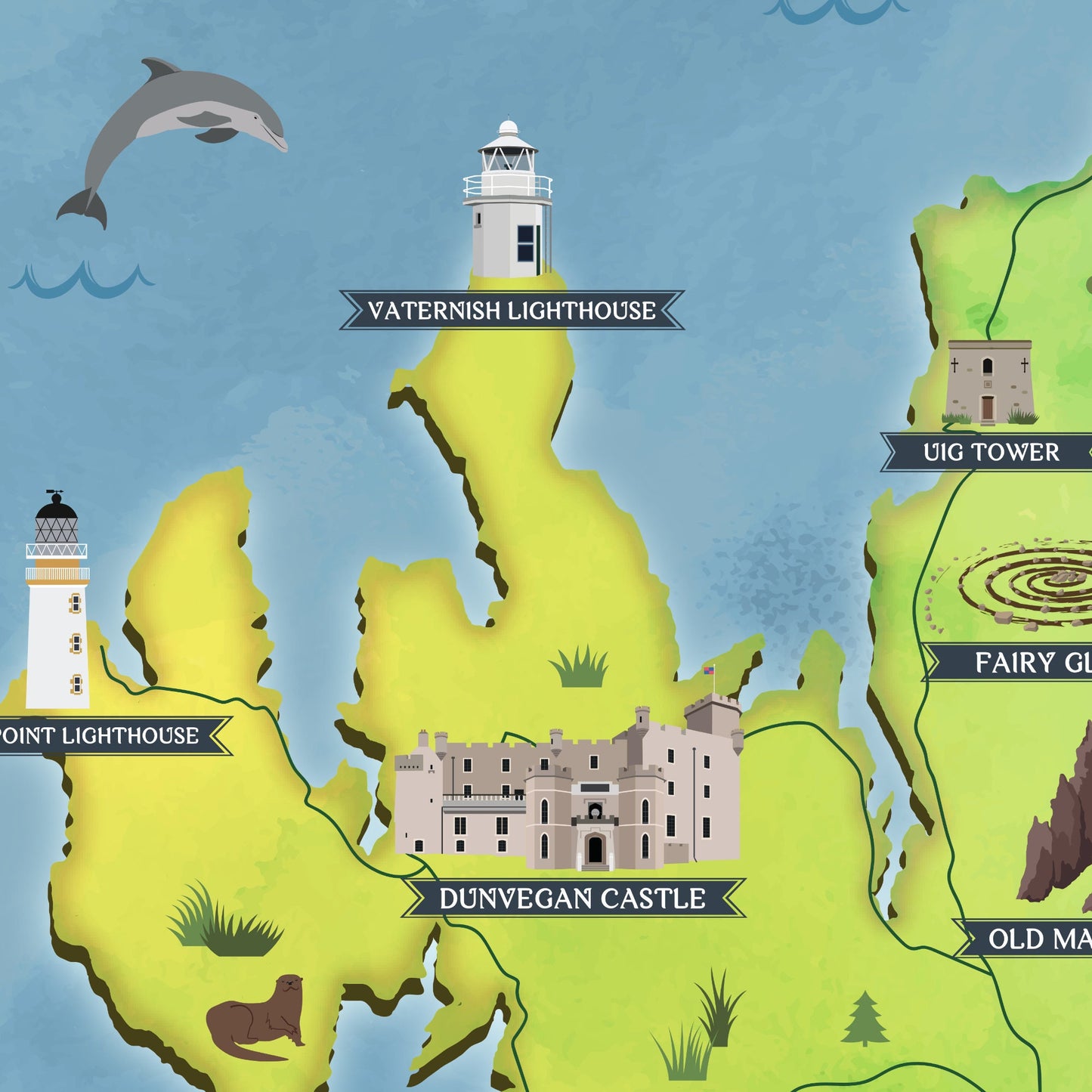 Isle of Skye Map | Pictorial Poster | Whisky Distilleries | Lighthouses | Scottish Highlands | Castle | Monuments | Puffin | Seal | Deer