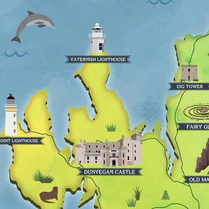 Isle of Skye Map | Pictorial Poster | Whisky Distilleries | Lighthouses | Scottish Highlands | Castle | Monuments | Puffin | Seal | Deer