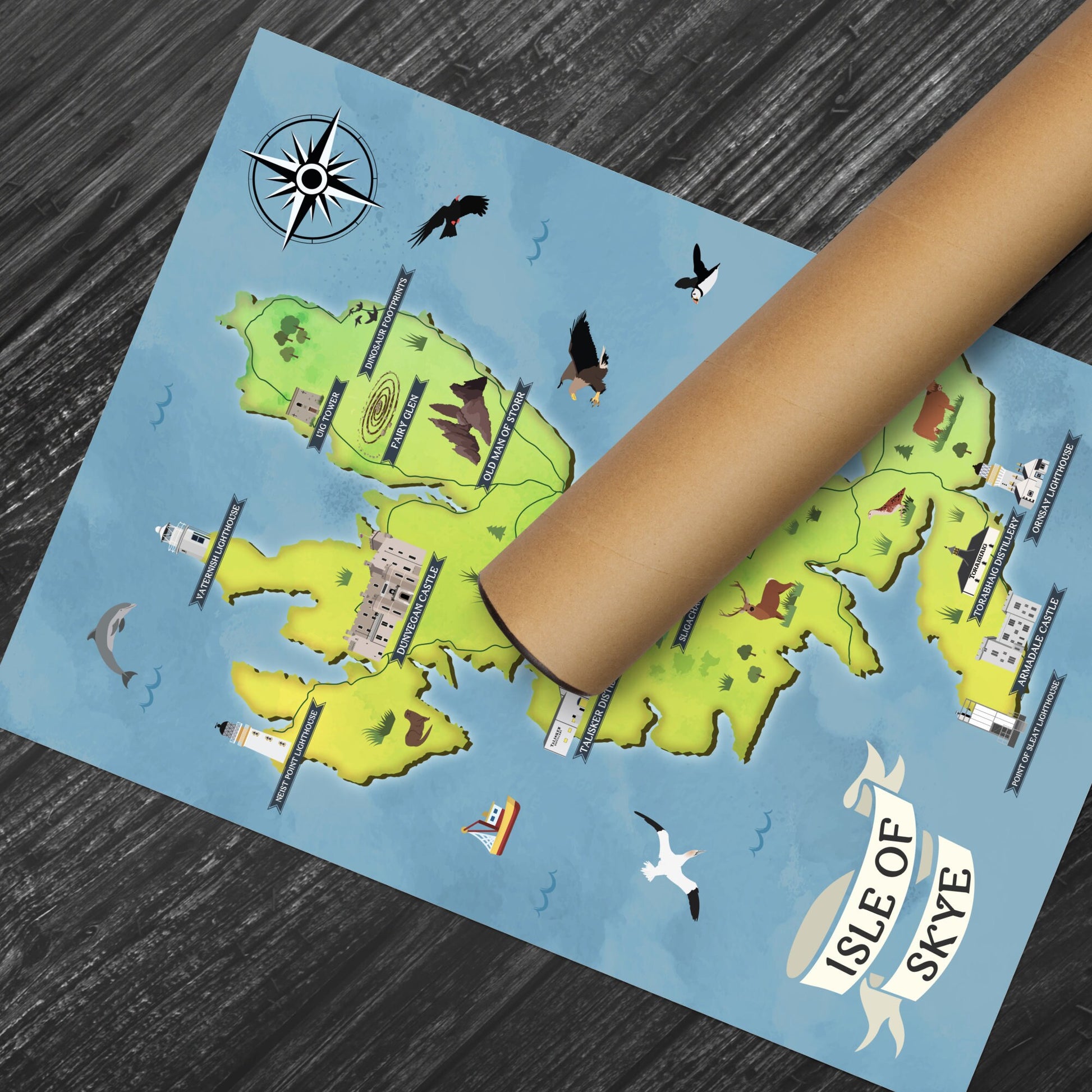 Isle of Skye Map | Pictorial Poster | Whisky Distilleries | Lighthouses | Scottish Highlands | Castle | Monuments | Puffin | Seal | Deer