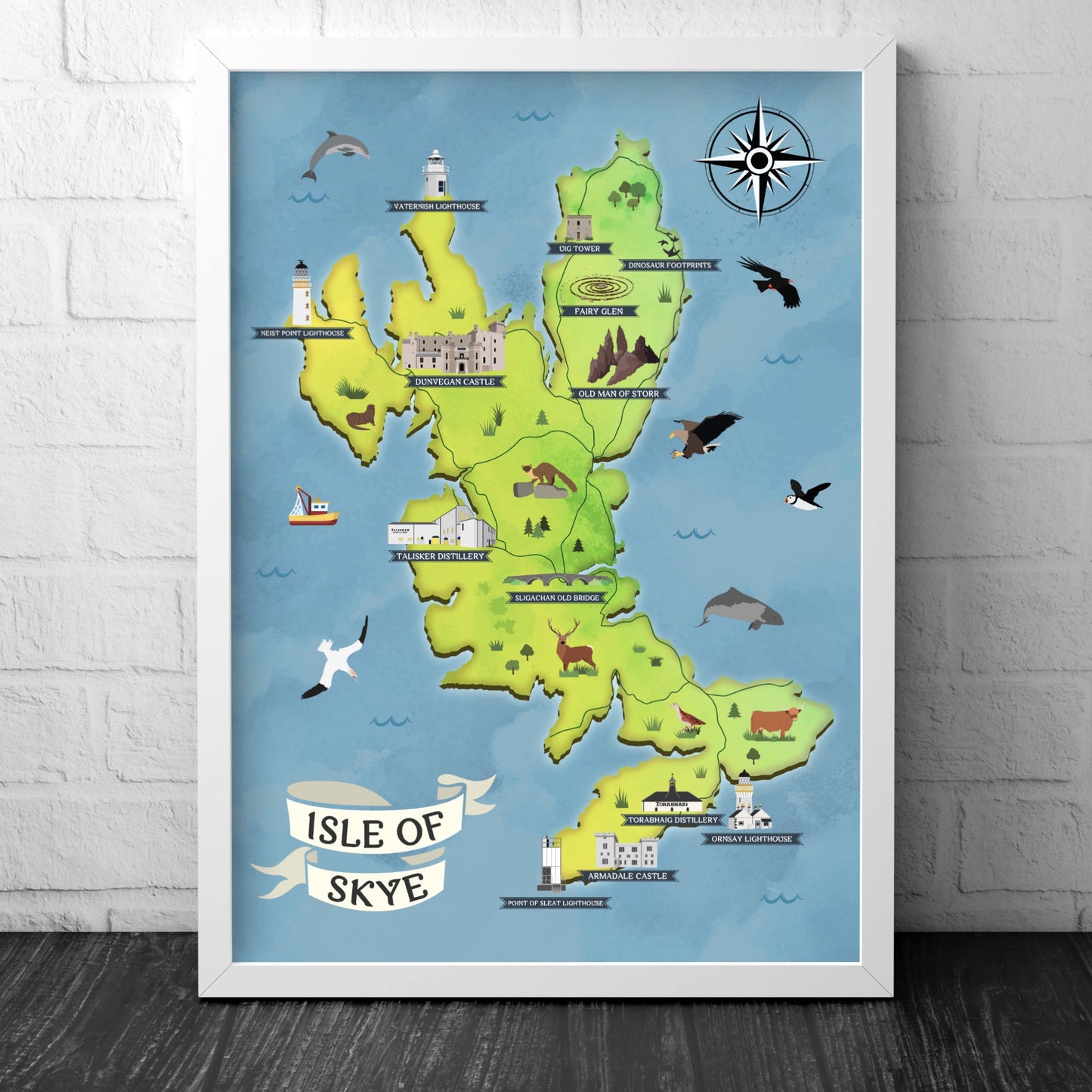 Isle of Skye Map | Pictorial Poster | Whisky Distilleries | Lighthouses | Scottish Highlands | Castle | Monuments | Puffin | Seal | Deer