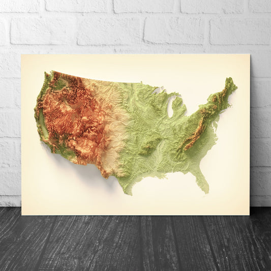 United States Art Relief Map - 2D Print - USA Geology - 2D Shaded Relief Map - United States of America