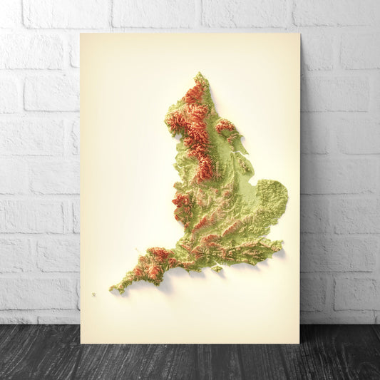 England Art Relief Map - 2D Print - English Geology - 2D Shaded Relief Map