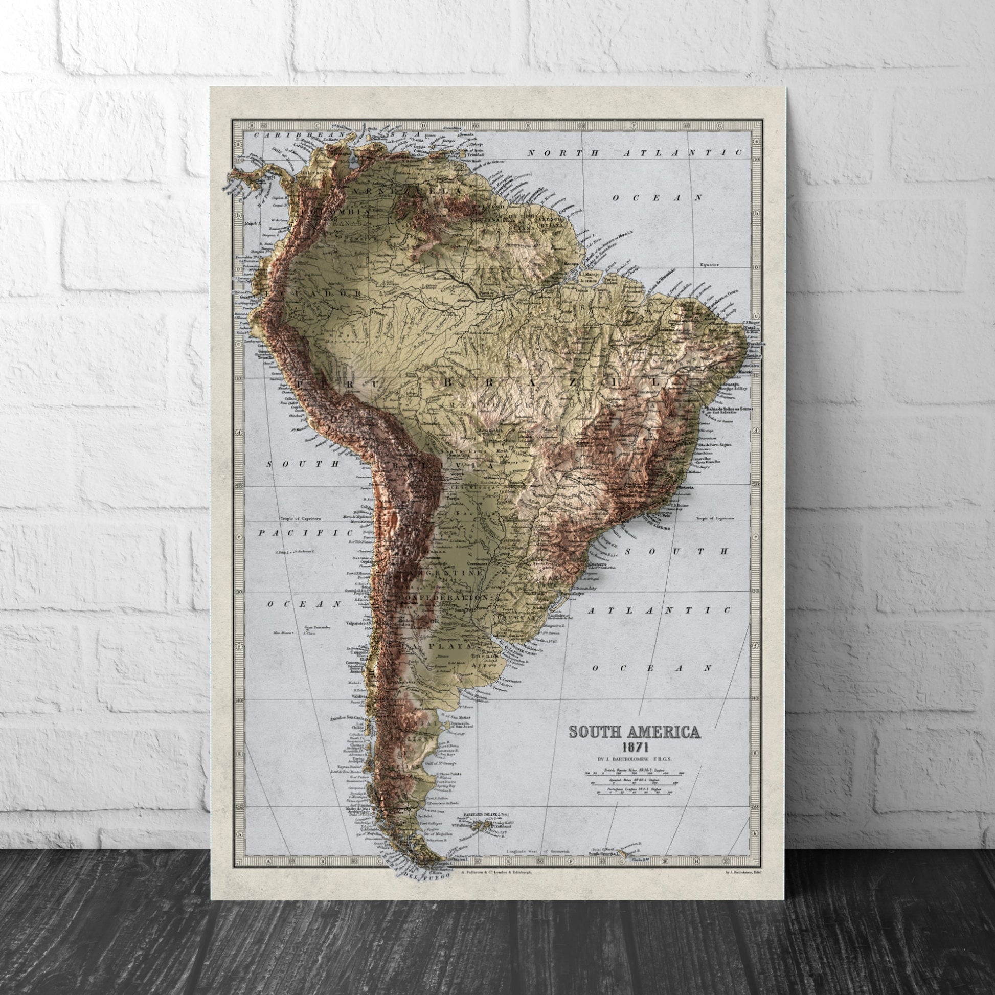 South America Map - Elevation Map - 2D Giclée Vintage Poster - Brazil