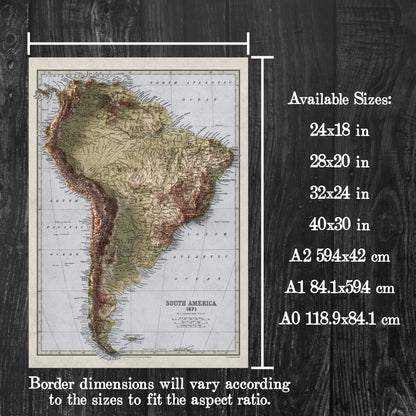 South America Map - Elevation Map - 2D Giclée Vintage Poster - Brazil