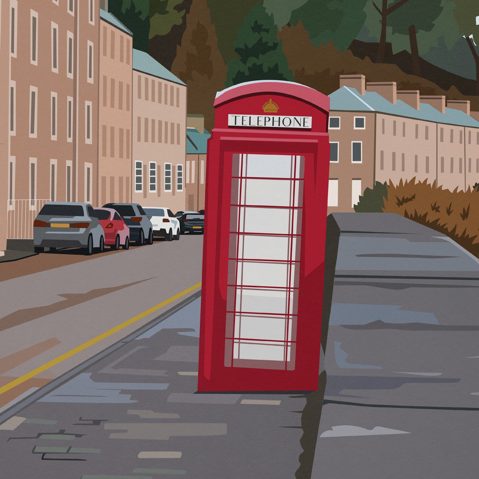 New Lanark Travel Poster - Iconic British Red Telephone Box