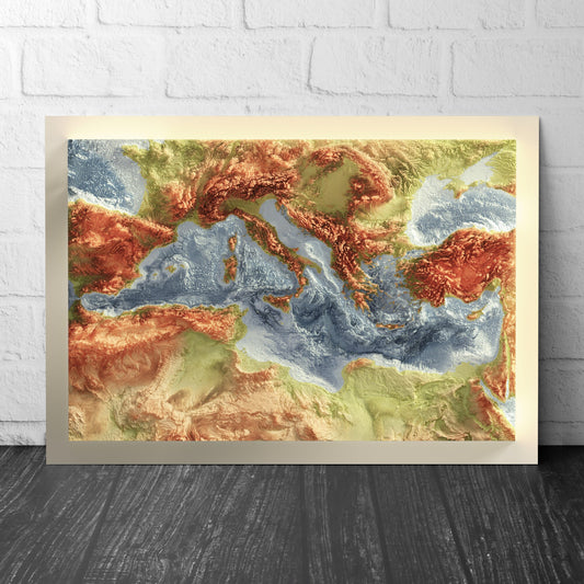 Mediterranean Bathymetry Print - Topographical Map -Europe - Italy - Greece - Turkey -Spain - France - Wall Art Poster