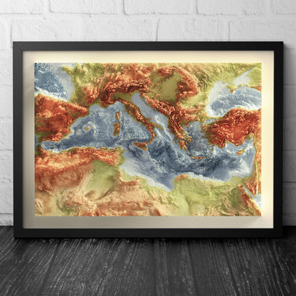 Mediterranean Bathymetry Print - Topographical Map -Europe - Italy - Greece - Turkey -Spain - France - Wall Art Poster