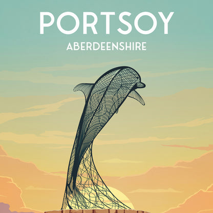 Portsoy Dolphin Travel Poster Print - Aberdeenshire - Scotland - Scottish Landscape - Banff - Moray Firth