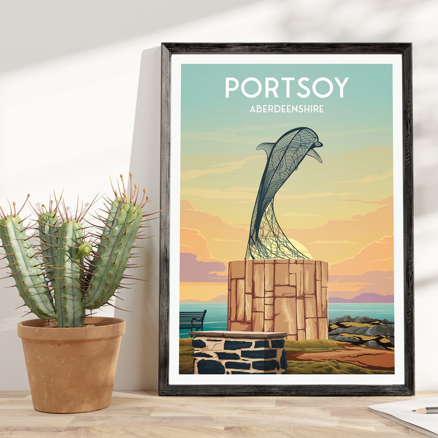 Portsoy Dolphin Travel Poster Print - Aberdeenshire - Scotland - Scottish Landscape - Banff - Moray Firth