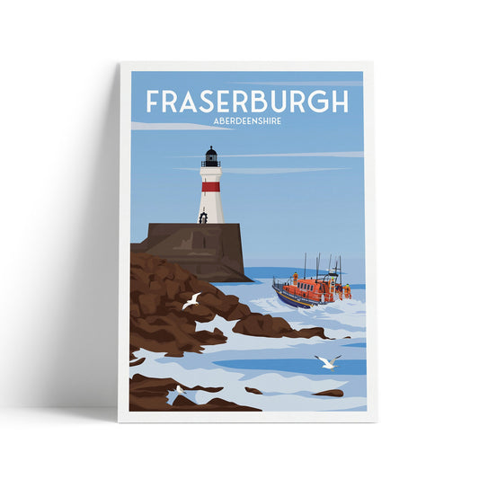 Fraserburgh Print - Aberdeenshire Travel Poster - Lighthouse - Lifeboat - Seaguls