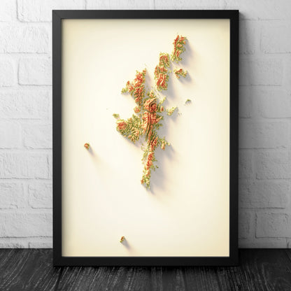 Shetland Isles Art Relief Map - 2D Print - Scotland Geology Poster - 2D Shaded Relief Map - Lerwick - Scalloway - Brae - Sandwick