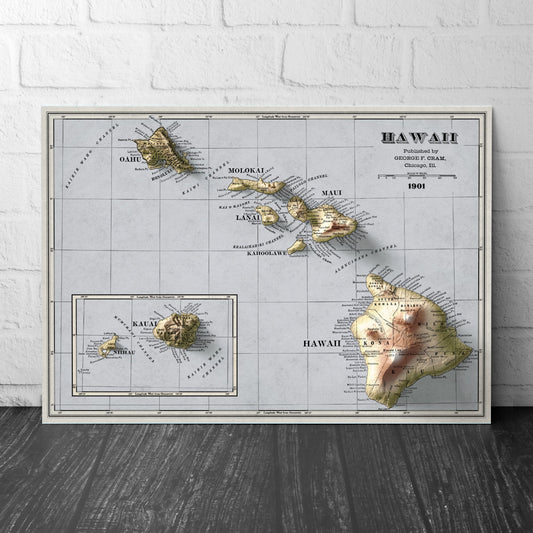 Hawaii Map - USA - 1901 retro print - 2d shaded map - Kauai - Maui - Molokai - Oahu - Kahoolawe - Lanai - Honolulu - Nihau - Kona - Kau