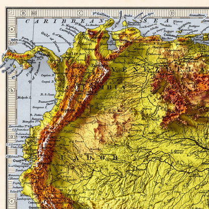 South America Map - Elevation Map - 2D Vintage Poster - Brazil