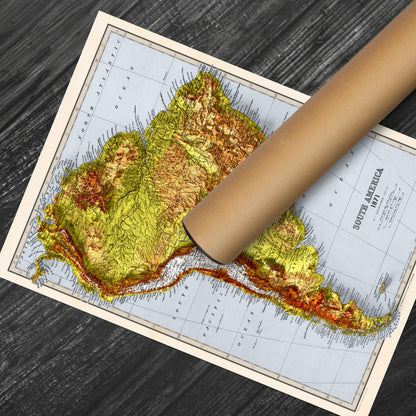South America Map - Elevation Map - 2D Vintage Poster - Brazil