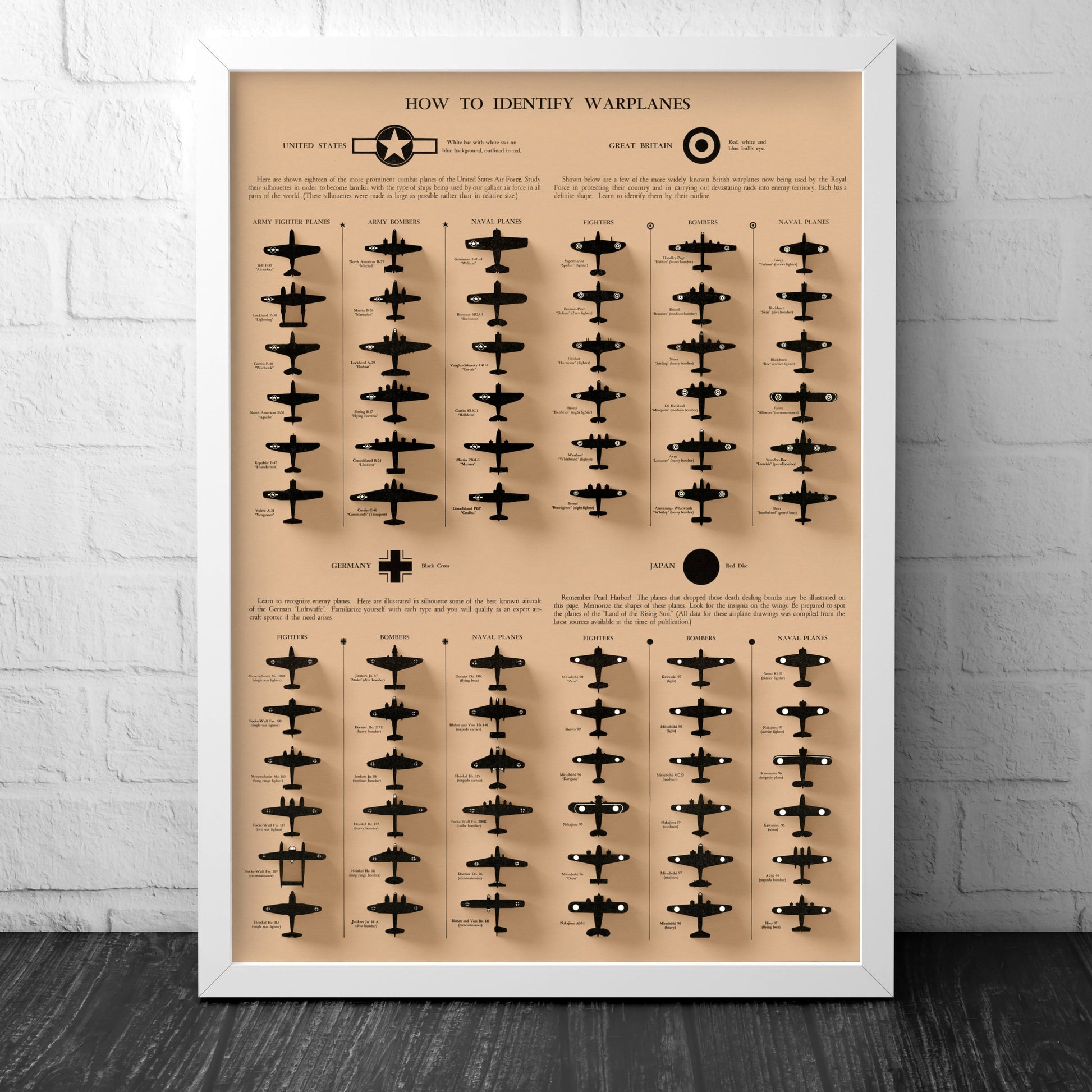 How to Identify Warplanes Poster - Vintage reproduction - 1943 - Army Fighter Planes - Bombers - Great Britain - USA - Germany - Japan
