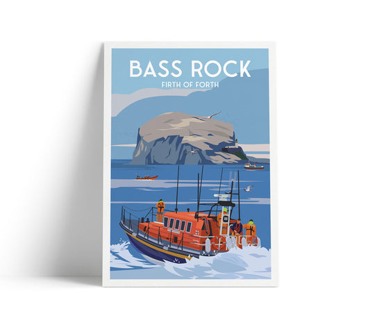 Bass Rock Print - Firth of Forth - Lifeboat - Lighthouse - East Lothian Travel Poster - Scotland Wall Art