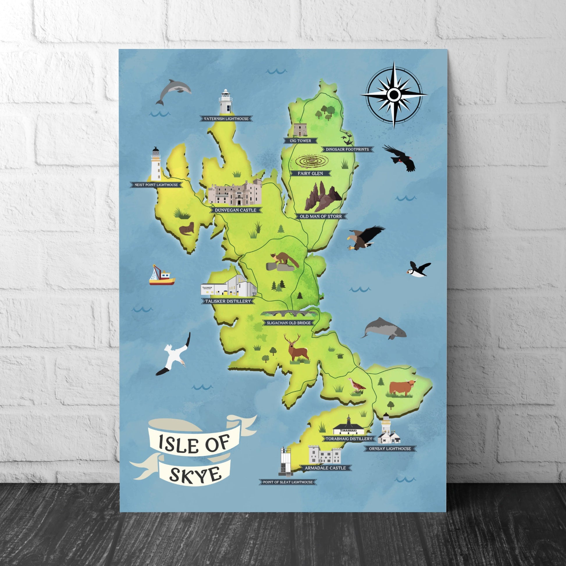 Isle of Skye Map | Pictorial Poster | Whisky Distilleries | Lighthouses | Scottish Highlands | Castle | Monuments | Puffin | Seal | Deer