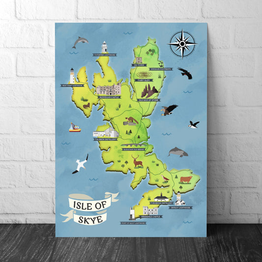 Isle of Skye Map | Pictorial Poster | Whisky Distilleries | Lighthouses | Scottish Highlands | Castle | Monuments | Puffin | Seal | Deer