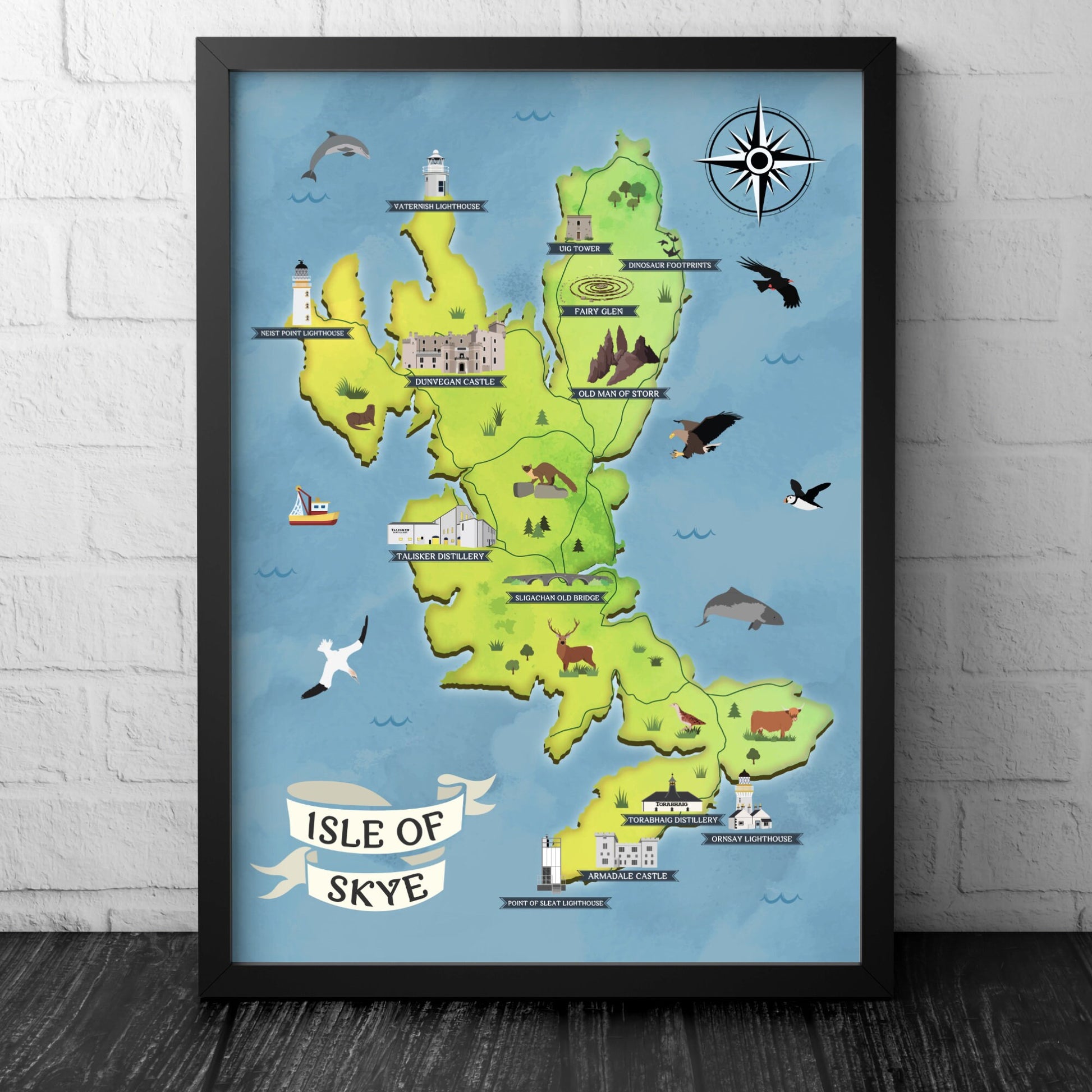 Isle of Skye Map | Pictorial Poster | Whisky Distilleries | Lighthouses | Scottish Highlands | Castle | Monuments | Puffin | Seal | Deer