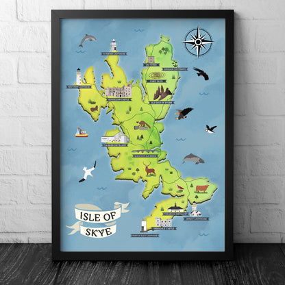 Isle of Skye Map | Pictorial Poster | Whisky Distilleries | Lighthouses | Scottish Highlands | Castle | Monuments | Puffin | Seal | Deer