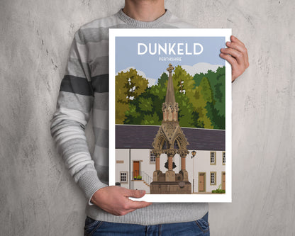 Dunkeld Print - Perthshire Travel Poster - Scotland - Atholl Memorial Fountain