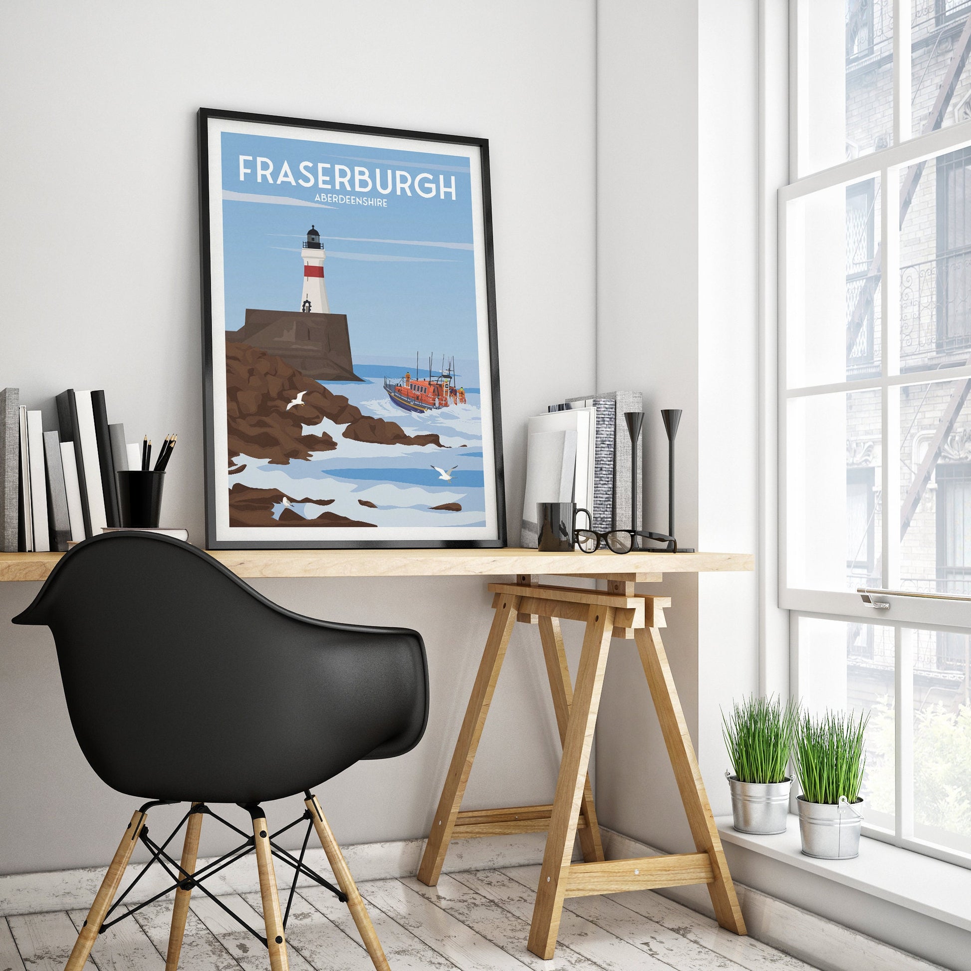 Fraserburgh Print - Aberdeenshire Travel Poster - Lighthouse - Lifeboat - Seaguls
