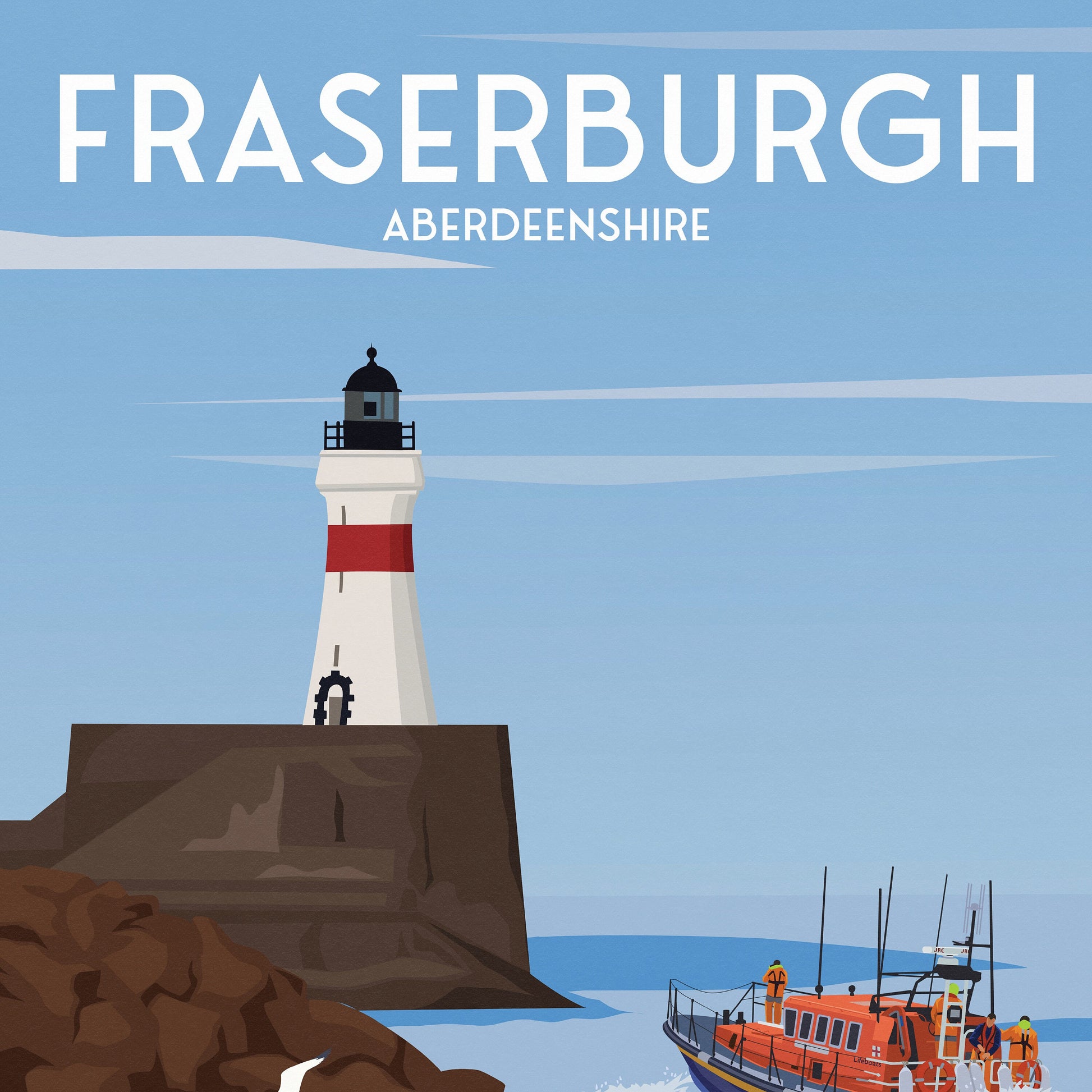 Fraserburgh Print - Aberdeenshire Travel Poster - Lighthouse - Lifeboat - Seaguls