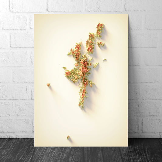 Shetland Isles Art Relief Map - 2D Print - Scotland Geology Poster - 2D Shaded Relief Map - Lerwick - Scalloway - Brae - Sandwick