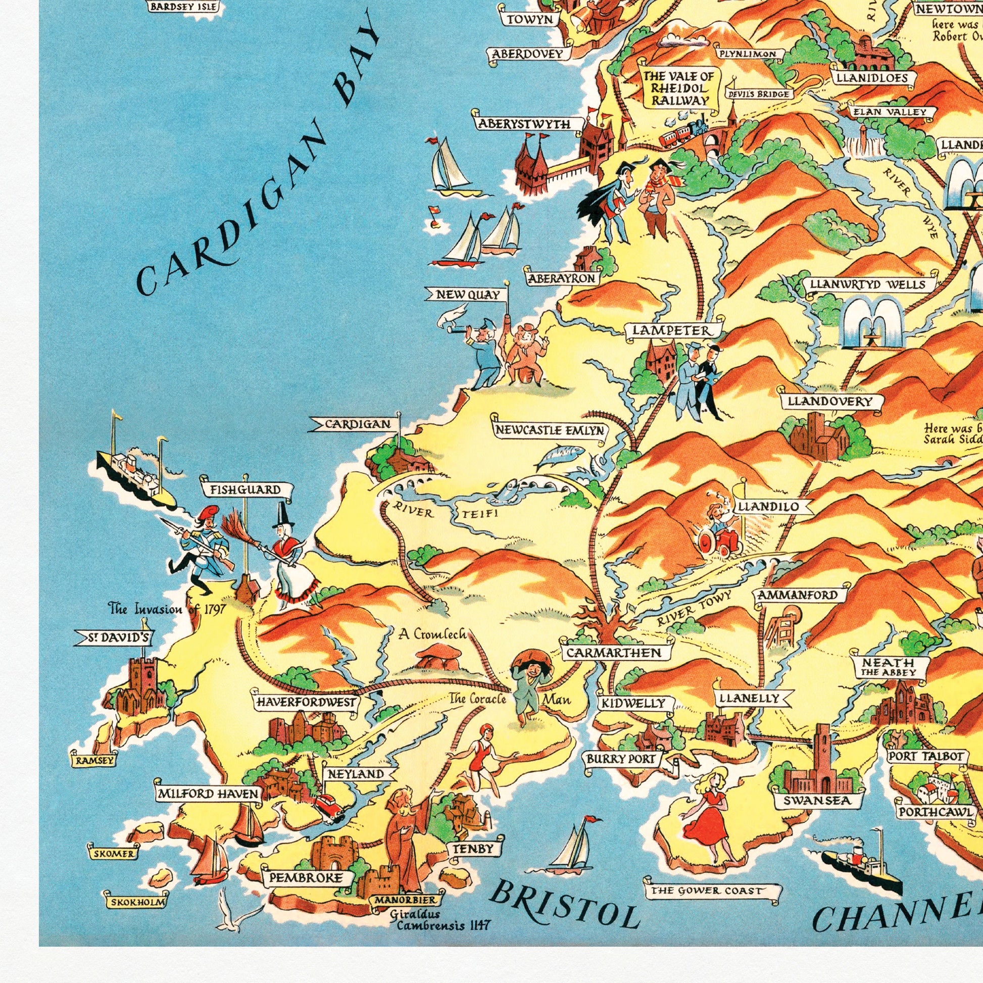 Wales Pictorial Map | Old Map Wall Print | Holyhead | Llandudno | Rhyl | Birkenhead | Swansea | Cardiff