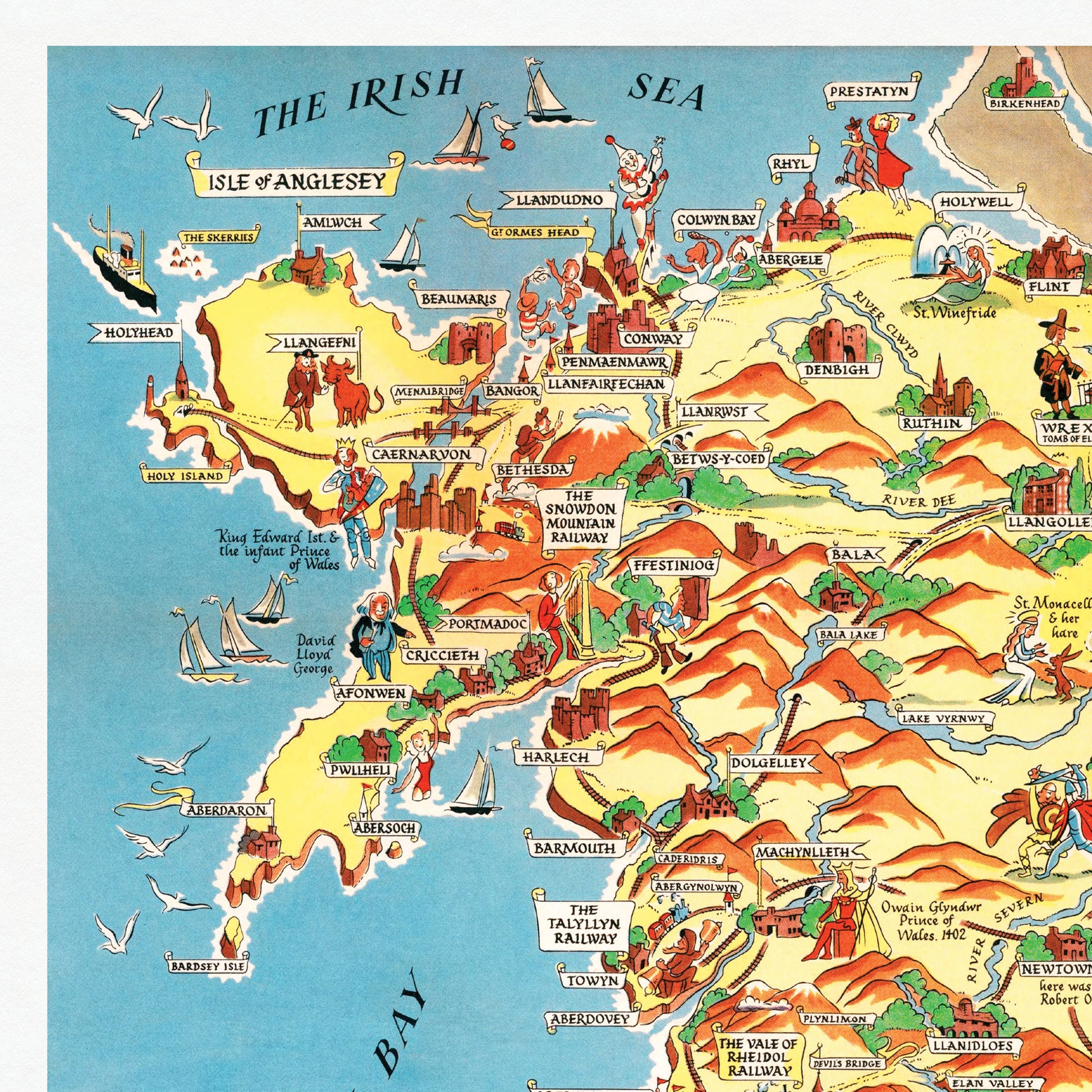 Wales Pictorial Map | Old Map Wall Print | Holyhead | Llandudno | Rhyl | Birkenhead | Swansea | Cardiff