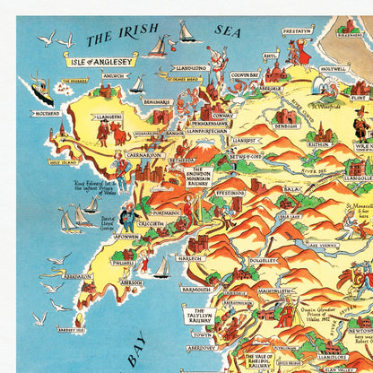 Wales Pictorial Map | Old Map Wall Print | Holyhead | Llandudno | Rhyl | Birkenhead | Swansea | Cardiff
