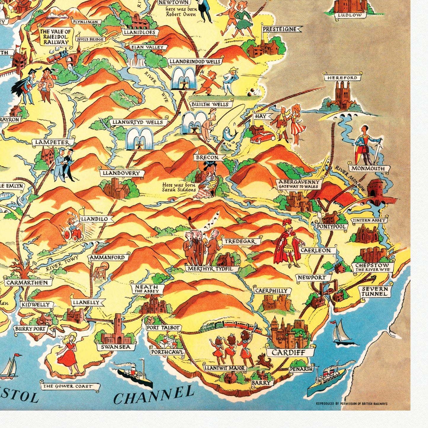 Wales Pictorial Map | Old Map Wall Print | Holyhead | Llandudno | Rhyl | Birkenhead | Swansea | Cardiff