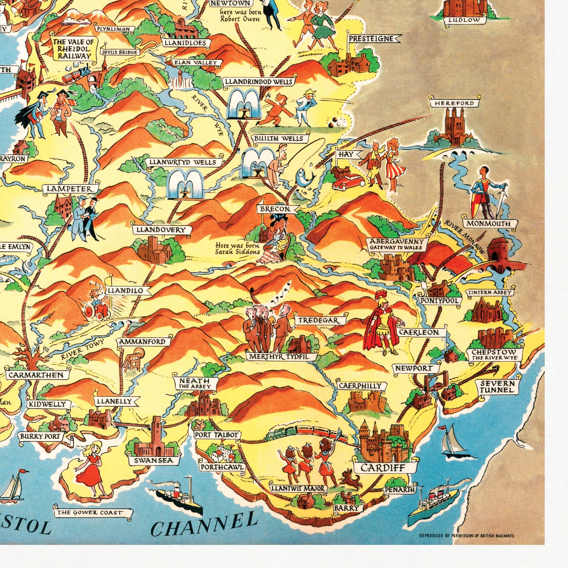 Wales Pictorial Map | Old Map Wall Print | Holyhead | Llandudno | Rhyl | Birkenhead | Swansea | Cardiff