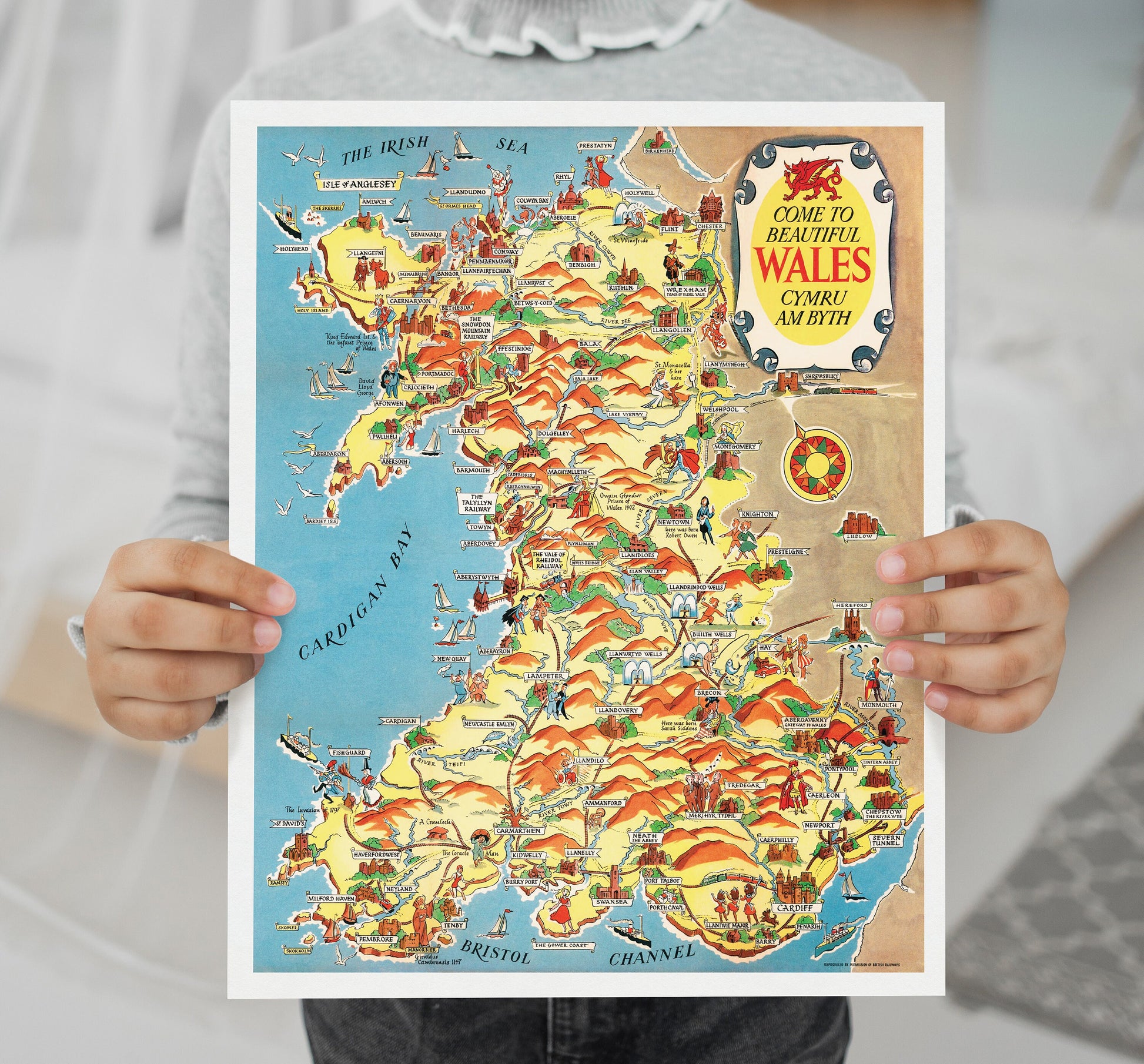 Wales Pictorial Map | Old Map Wall Print | Holyhead | Llandudno | Rhyl | Birkenhead | Swansea | Cardiff