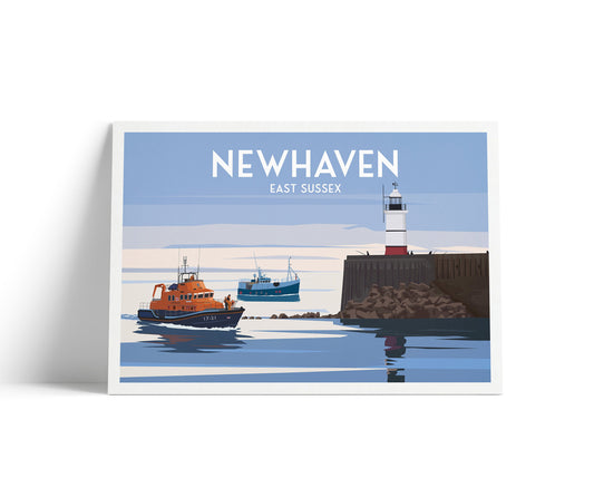 Newhaven Travel Poster - Lighthouse - Harbour - East Sussex - Lifeboat - Minimalist Wall Art
