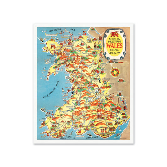 Wales Pictorial Map | Old Map Wall Print | Holyhead | Llandudno | Rhyl | Birkenhead | Swansea | Cardiff