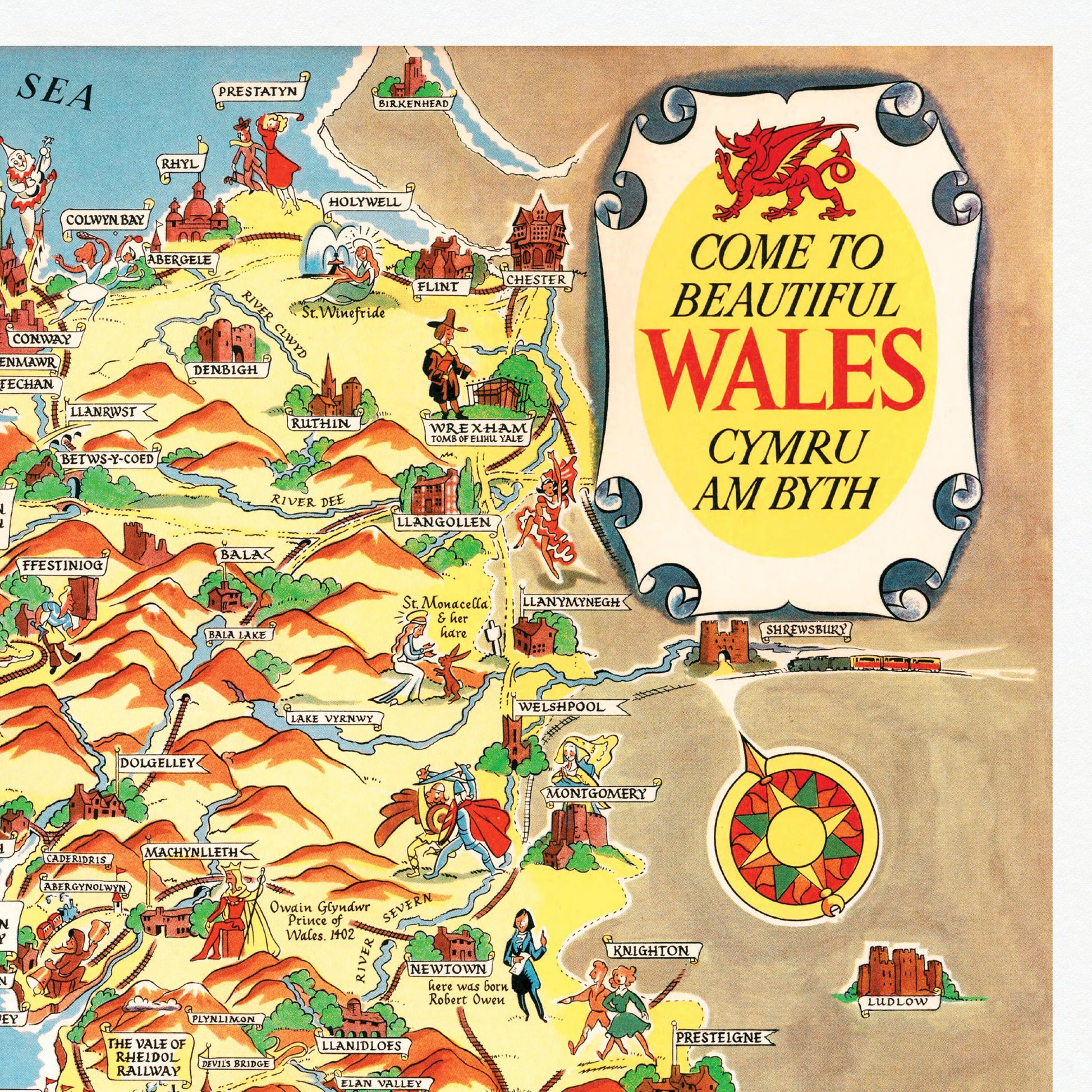 Wales Pictorial Map | Old Map Wall Print | Holyhead | Llandudno | Rhyl | Birkenhead | Swansea | Cardiff