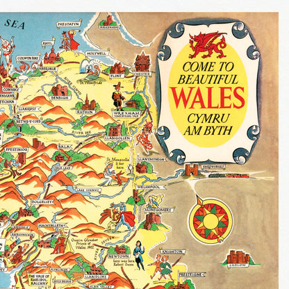 Wales Pictorial Map | Old Map Wall Print | Holyhead | Llandudno | Rhyl | Birkenhead | Swansea | Cardiff