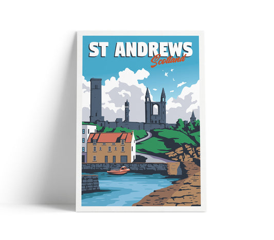 St Andrews Harbour Print - St Rule's Church - East Neuk of Fife - St Andrews Cathedral - Fishing Village - Scotland Illustration Art
