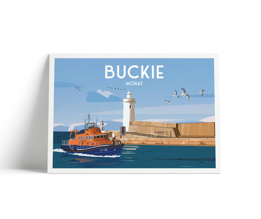 Buckie Moray Print - Lighthouse - Pier - Harbour - Lifeboat - Travel Poster