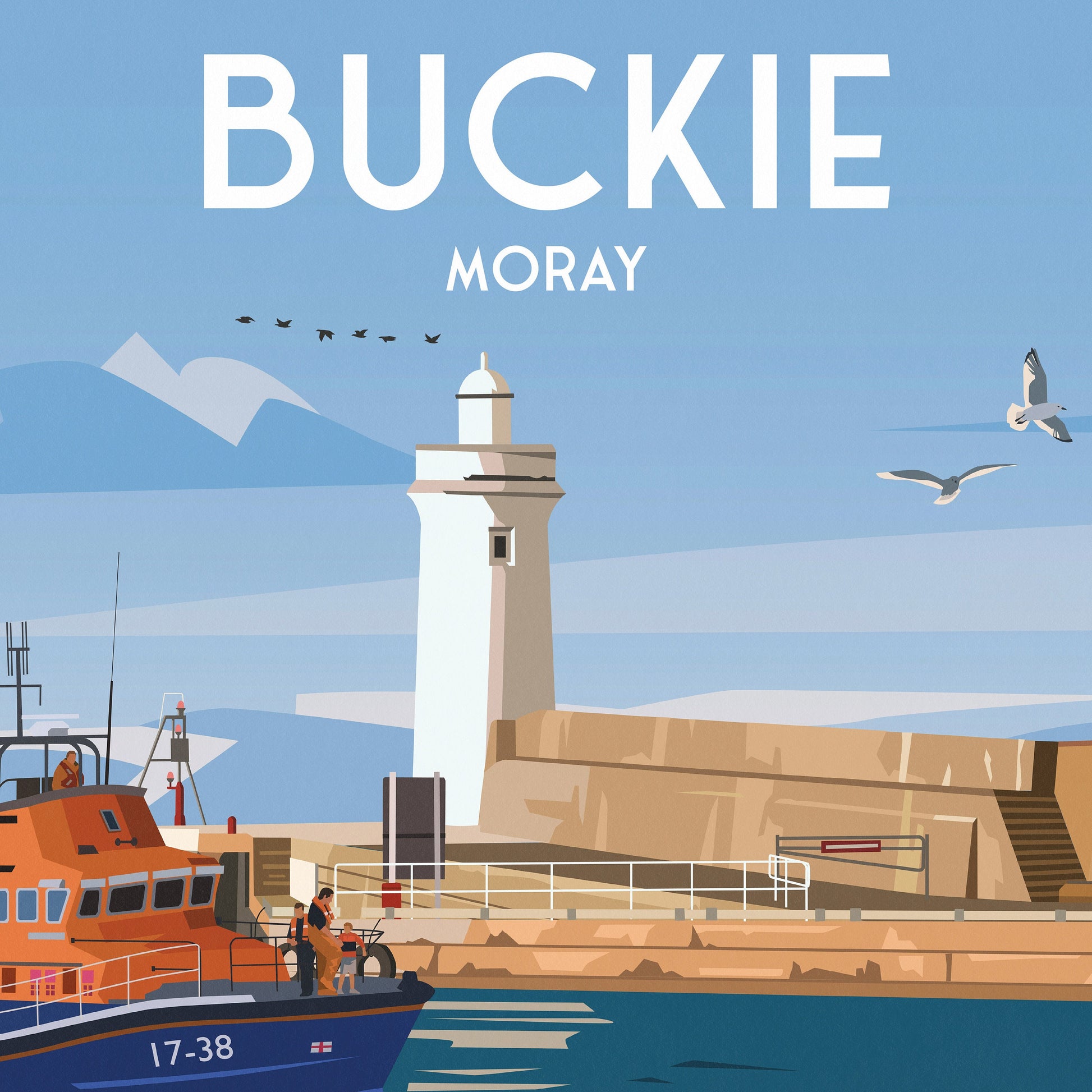 Buckie Moray Print - Lighthouse - Pier - Harbour - Lifeboat - Travel Poster
