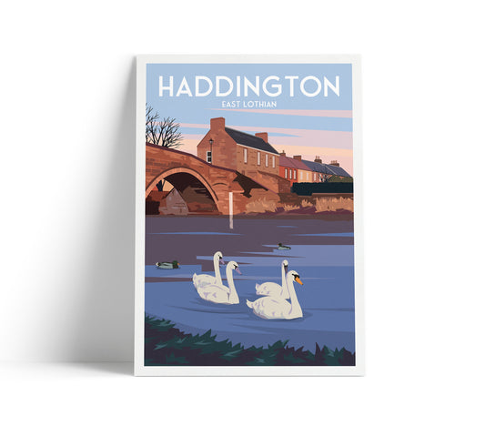 Haddington Print - East Lothian Travel Poster - Scotland Wall Art - Swans - Ducks - Nungate Bridge