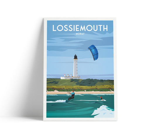 Lossiemouth Print - Moray Firth - Kite Surfing - Scotland - Travel Poster - #Covesea Lighthouse