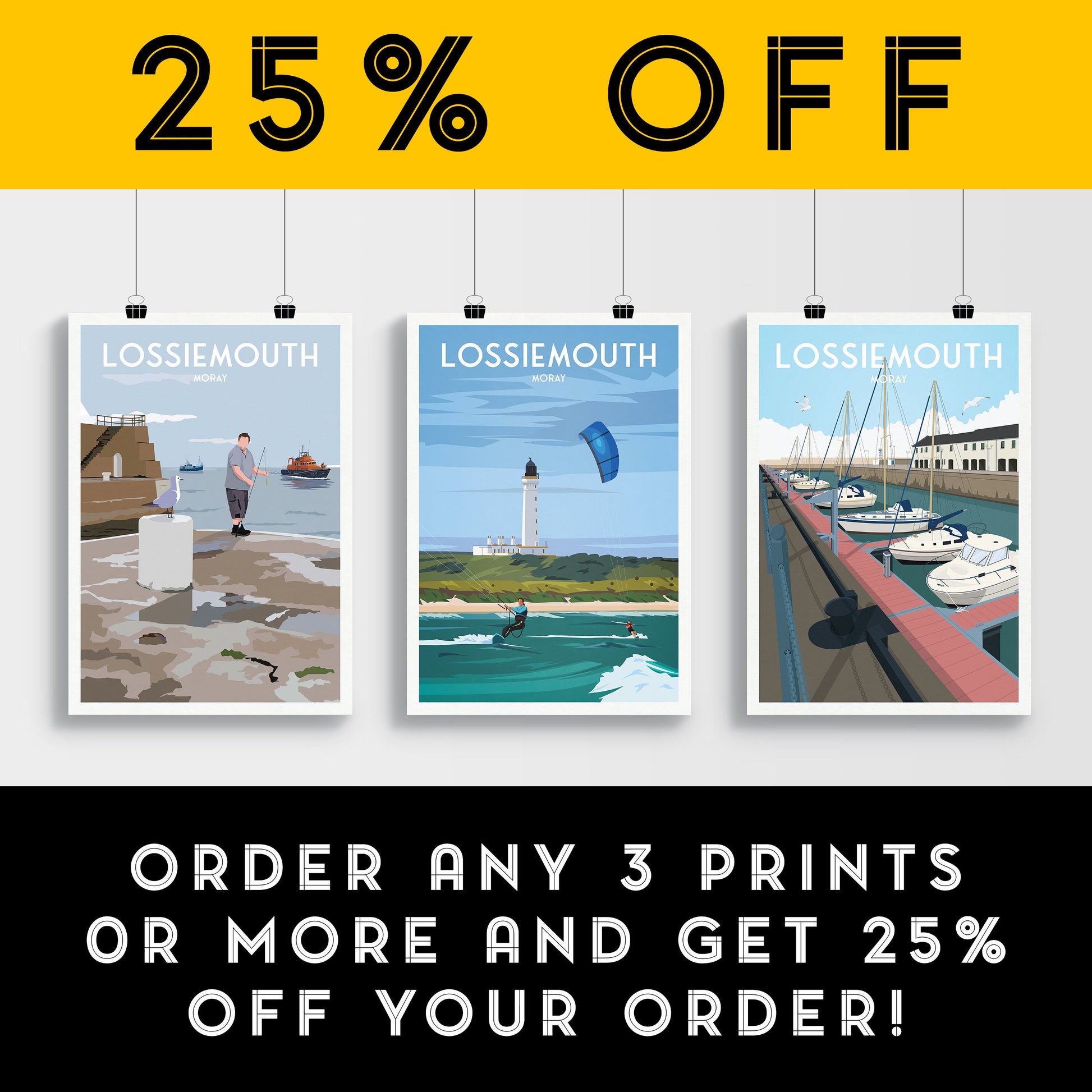Lossiemouth Print - Moray Firth - Kite Surfing - Scotland - Travel Poster - #Covesea Lighthouse