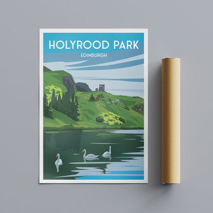 Holyrood Park, Edinburgh Travel Poster - Swans on St. Margaret's Loch - St Anthony's Chapel Ruin - Arthur's Seat - #scotland Gift