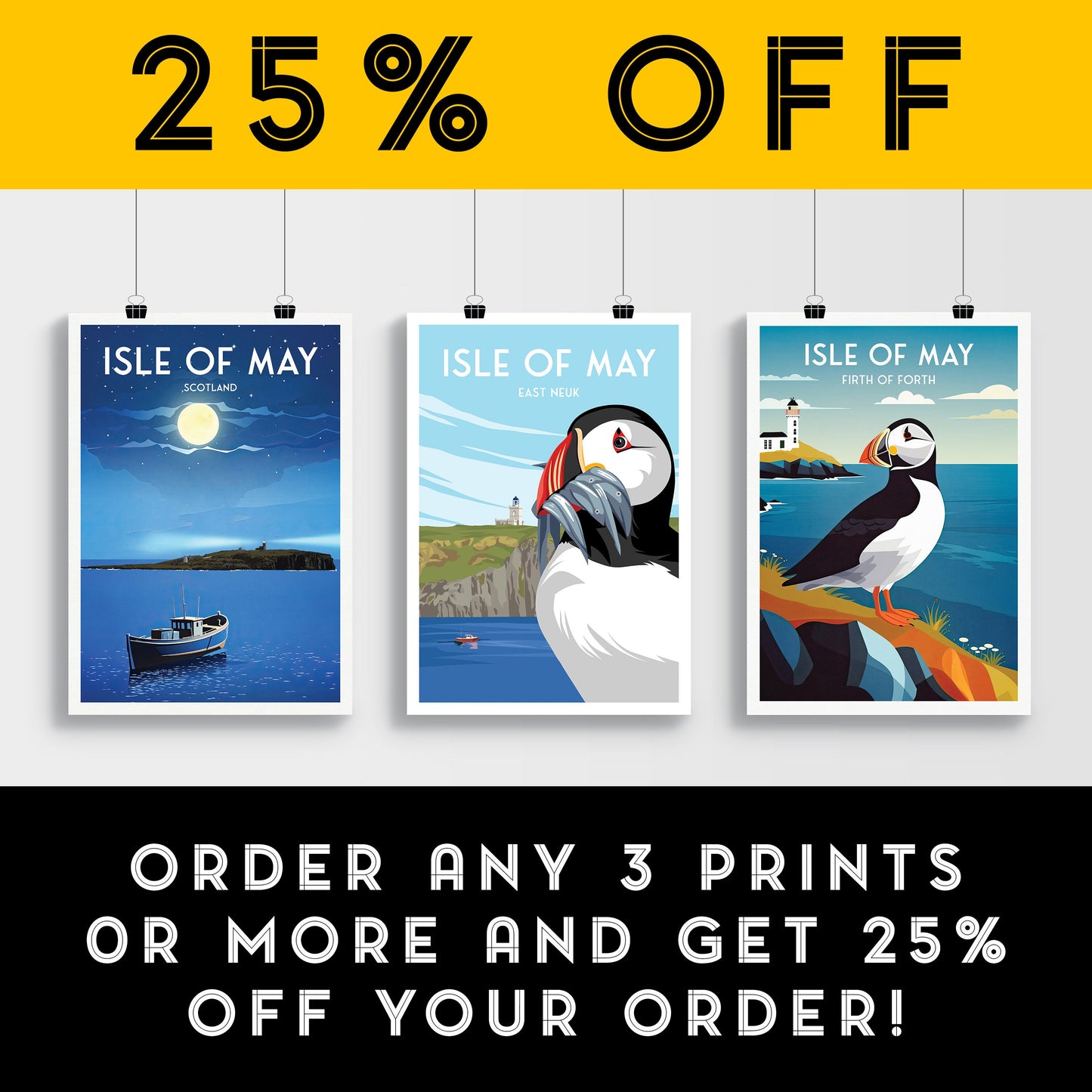 Isle of May Travel Poster - Puffin and Lighthouse | Firth of Forth | Vintage-Inspired Print