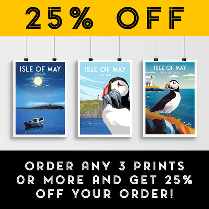 Isle of May Travel Poster - Puffin and Lighthouse | Firth of Forth | Vintage-Inspired Print