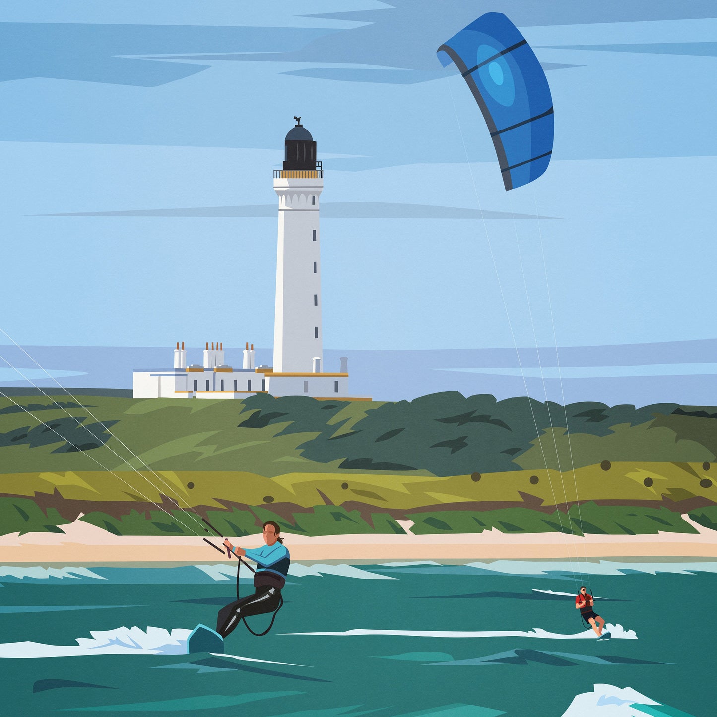 Lossiemouth Print - Moray Firth - Kite Surfing - Scotland - Travel Poster - #Covesea Lighthouse