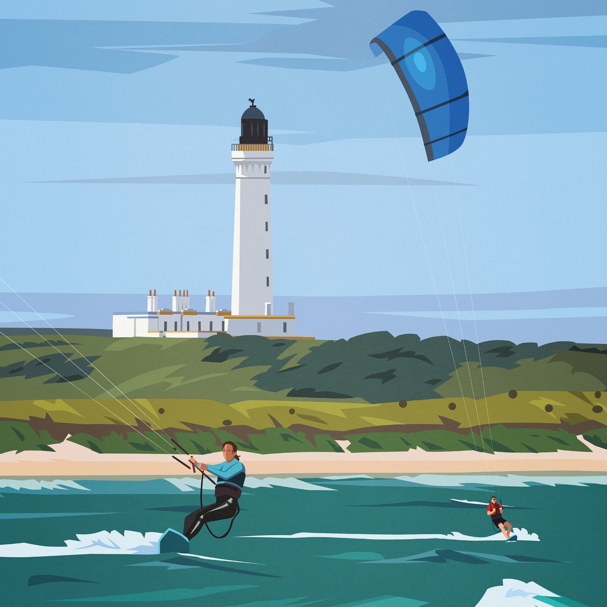 Lossiemouth Print - Moray Firth - Kite Surfing - Scotland - Travel Poster - #Covesea Lighthouse